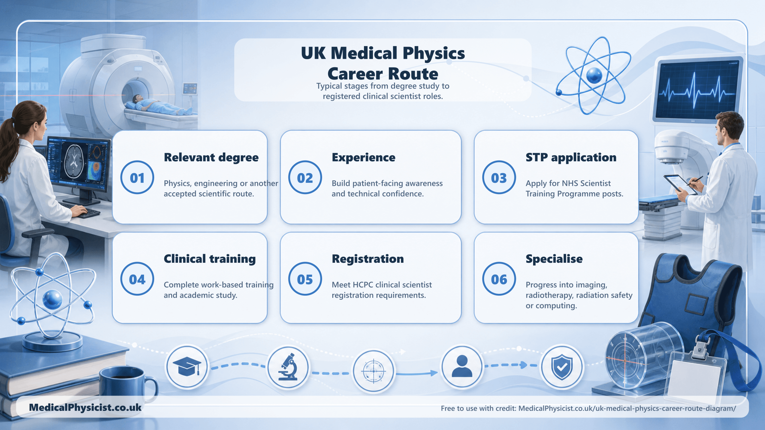 Landscape infographic showing a typical UK medical physics career route from degree study to specialisation