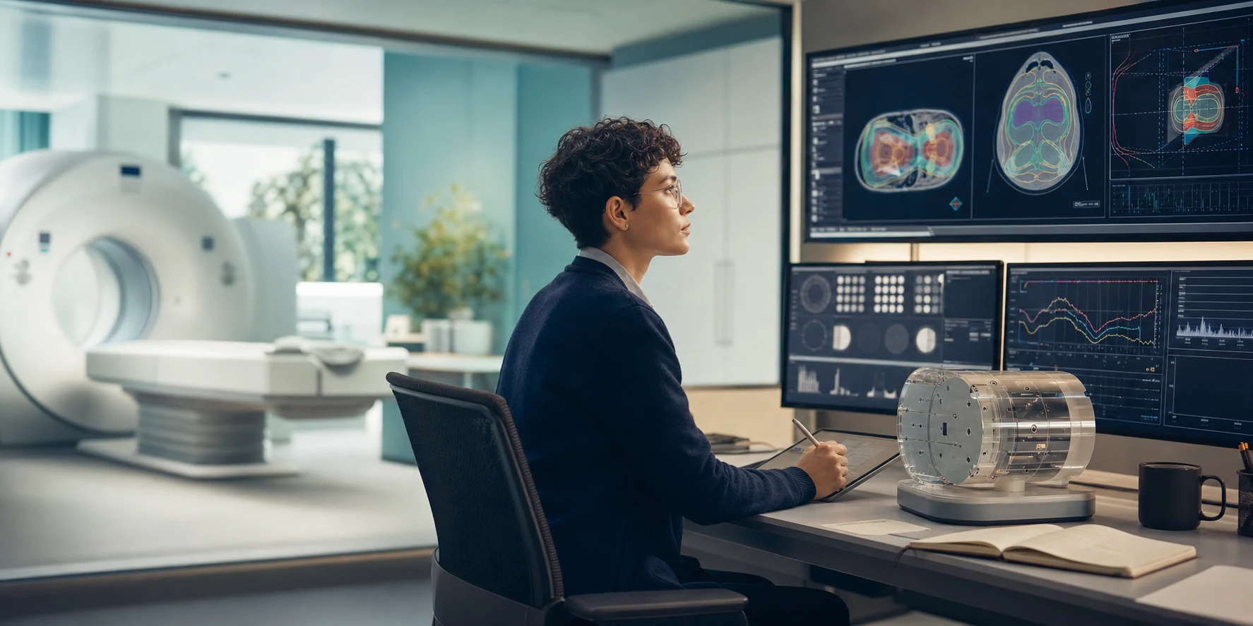 A medical physics professional reviewing scan and treatment-planning images beside a CT scanner